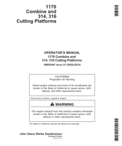 John Deere 1170 Combine, 312, 314, 316 & 319 Cutting Platforms Operator's Manual (OMZ92467)