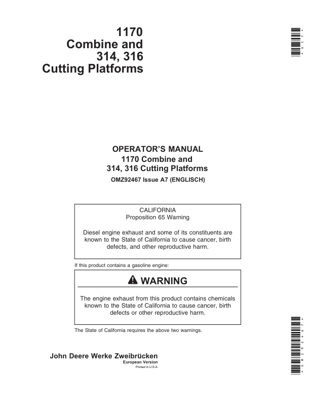 John Deere 1170 Combine, 312, 314, 316 & 319 Cutting Platforms Operator's Manual (OMZ92467)