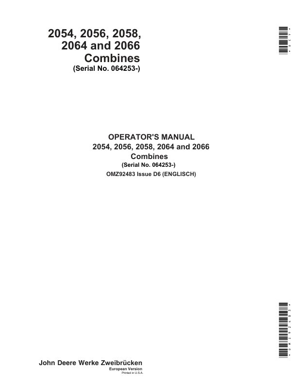 John Deere 2054, 2056, 2058, 2064 & 2066 Combines Operator's Manual (OMZ92483)