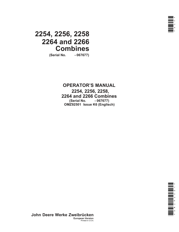 John Deere 2254, 2256, 2258, 2264 & 2266 Combines Operator's Manual (OMZ92501)