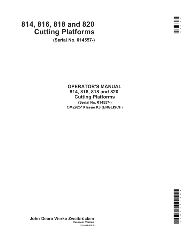 John Deere 814, 816, 818 & 820 Cutting Platforms Operator's Manual (OMZ92510)