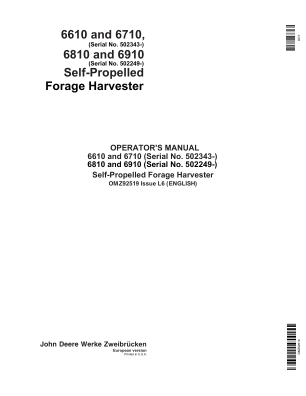 John Deere 6610, 6710, 6810 & 6910 Self-Propelled Forage Harvesters Operator's Manual (OMZ92519)