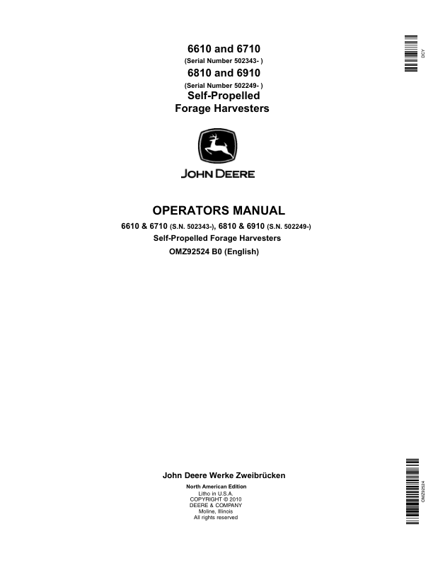 John Deere 6610, 6710, 6810 & 6910 Self-Propelled Forage Harvesters Operator's Manual (OMZ92524)