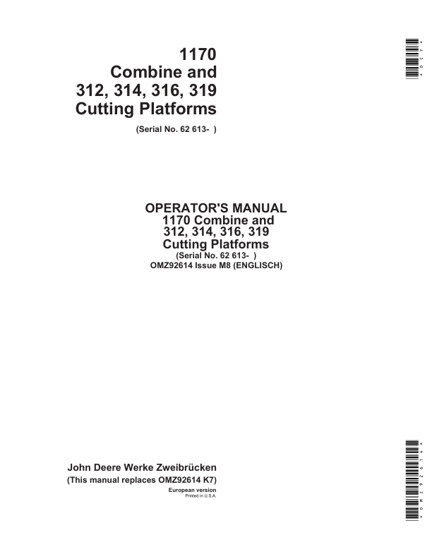 John Deere 1170 Combine, 312, 314, 316 & 319 Cutting Platforms Operator's Manual (OMZ92614)