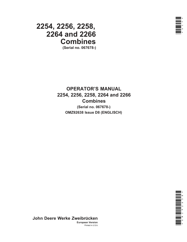 John Deere 2254, 2256, 2258, 2264 & 2266 Combines Operator's Manual (OMZ92638)