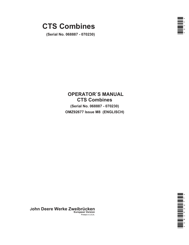 John Deere CTS Combines Operator's Manual (OMZ92677)