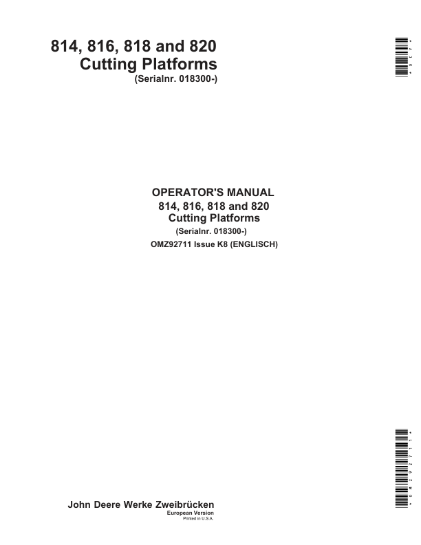 John Deere 814, 816, 818 & 820 Cutting Platforms Operator's Manual (OMZ92711)