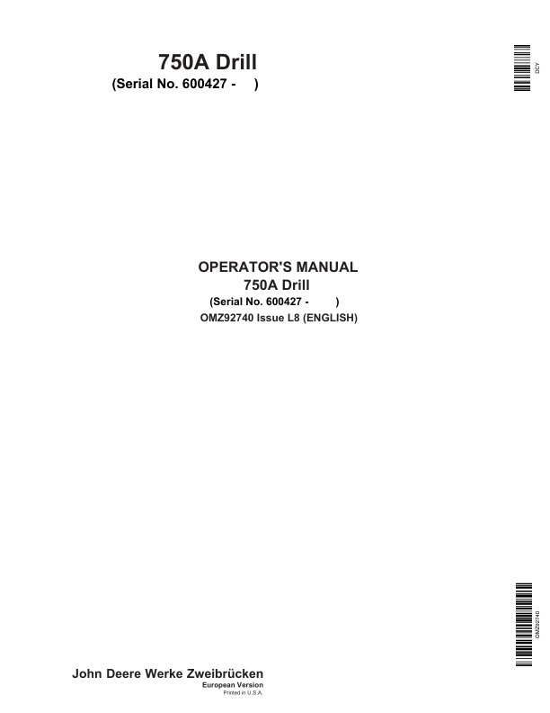 John Deere 750A Grain Drill European Edition (600427-600526) Operator's Manual (OMZ92740)