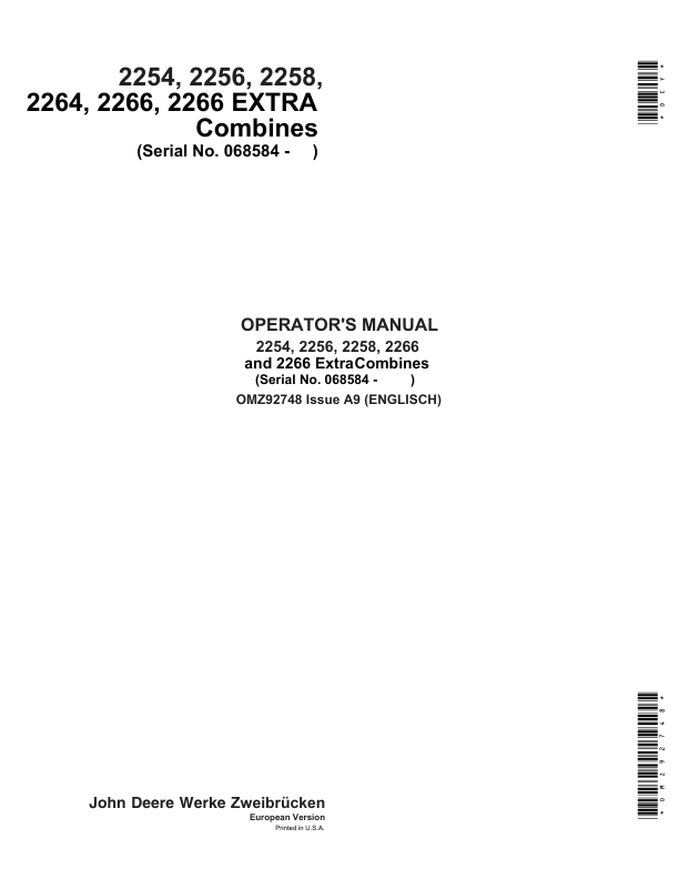 John Deere 2254, 2256, 2258, 2264 & 2266 Combines Operator's Manual (OMZ92748)