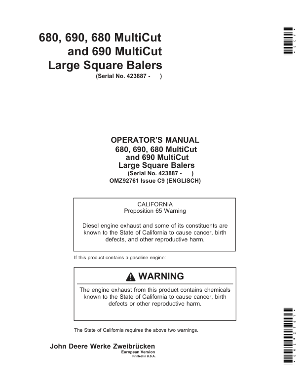 John Deere 680, 690, 680 & 690 MultiCut MultiCut Large Square Balers Operator's Manual (OMZ92761)