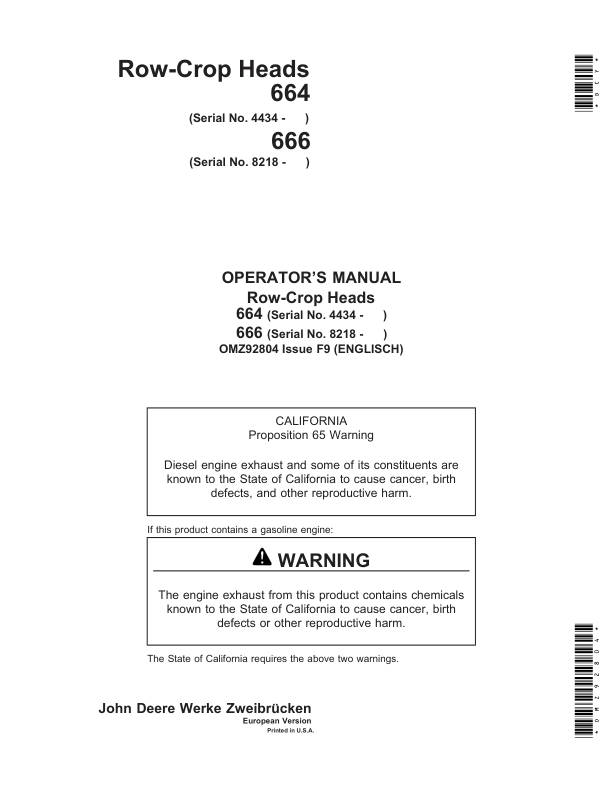 John Deere 664 & 666 Row Crop Headers Operator's Manual (OMZ92804)
