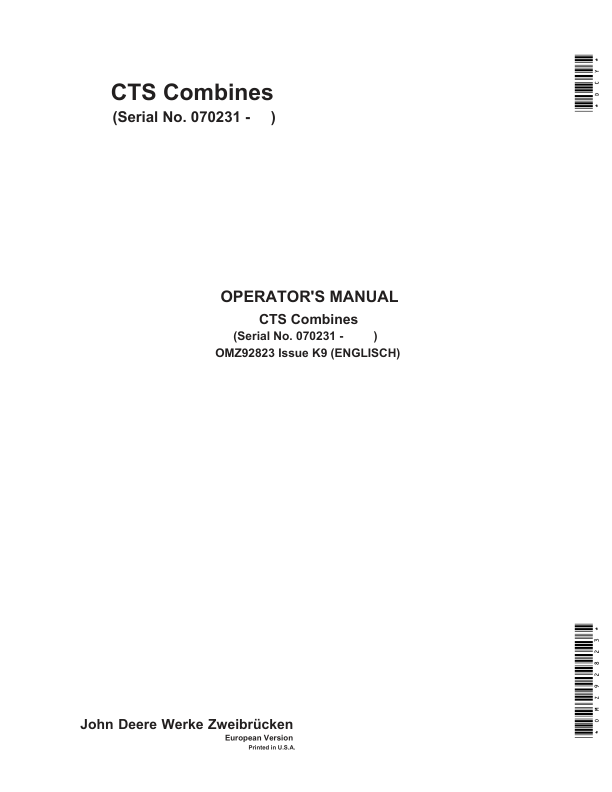 John Deere CTS Combines Operator's Manual (OMZ92823)