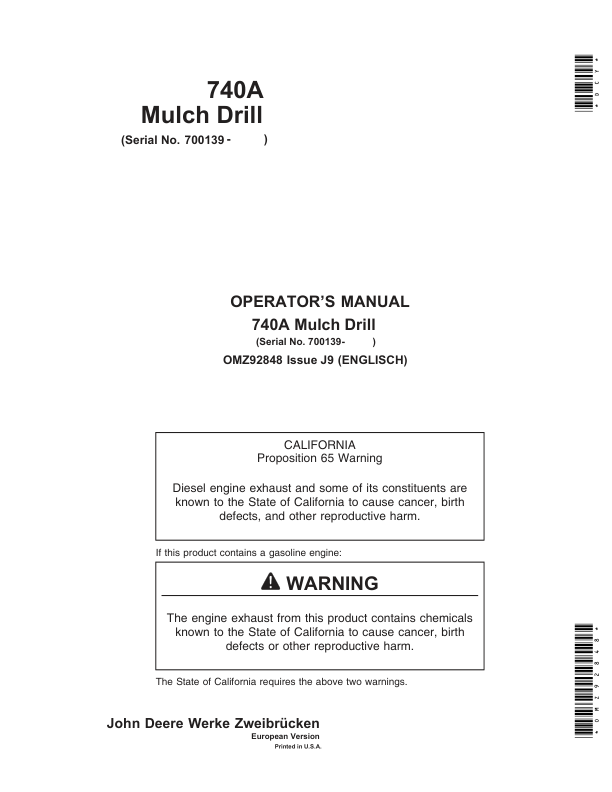 John Deere 740A Mulch Drills Operator's Manual (OMZ92848)