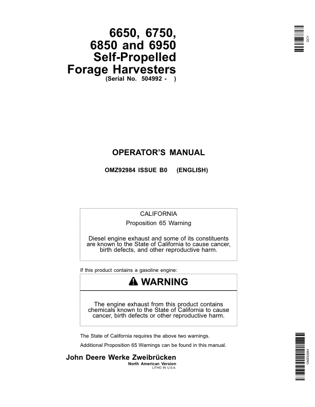 John Deere 6650, 6750, 6850 & 6950 Self Propelled Forage Harvesters Operator's Manual (OMZ92984)