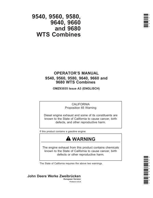 John Deere 9540, 9560, 9580, 9640, 9660 & 9680 CWS & WTS combines Operator's Manual (OMZ93035)