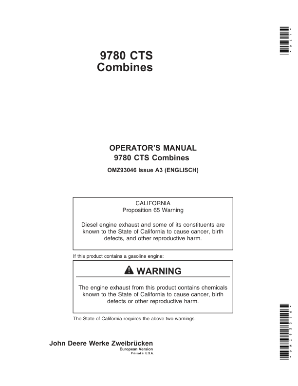 John Deere 9780 CTS Combines Operator's Manual (OMZ93046)