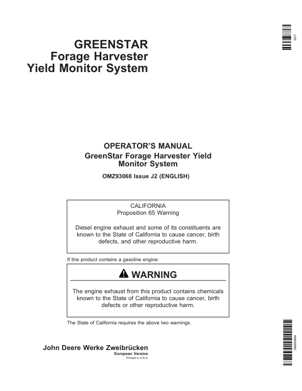 John Deere GreenStar Forage Harvester Yield Monitor System Operator's Manual (OMZ93068)