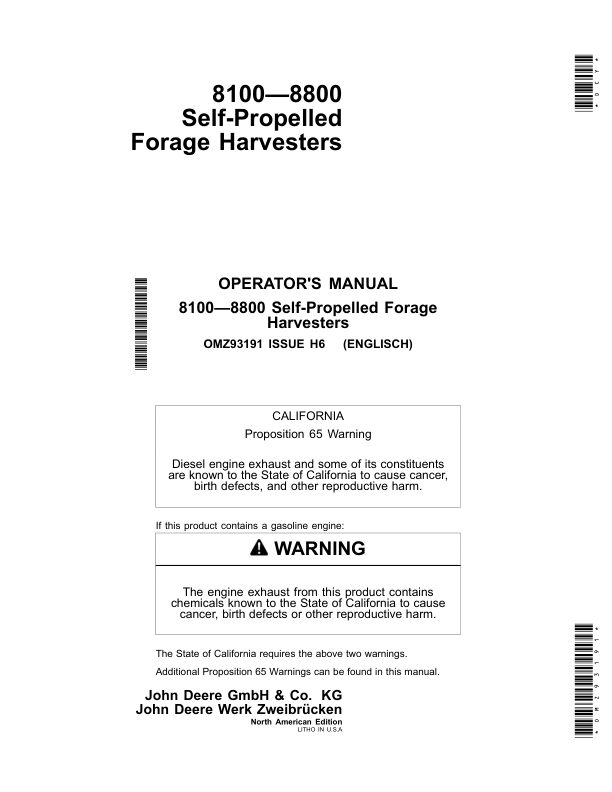 John Deere 8100, 8200, 8300, 8400, 8500, 8600, 8700 & 8800Self-Propelled Forage Harvesters North America Edition (MY2016) Operator's Manual (OMZ93191)