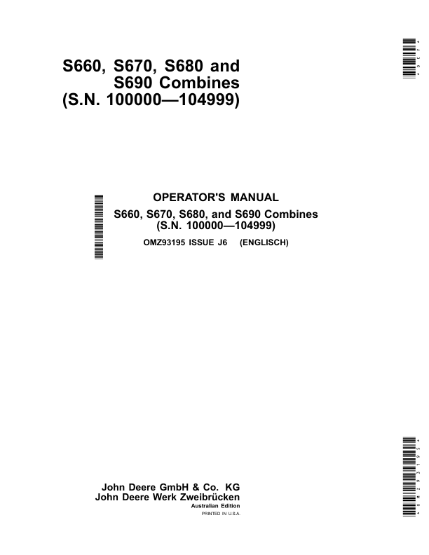 John Deere S660, S670, S680 & S690 Combines Operator's Manual (OMZ93195)