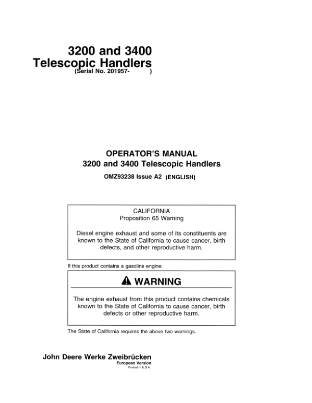John Deere 3200 & 3400 Telescopic Handlers Operator's Manual (OMZ93238)