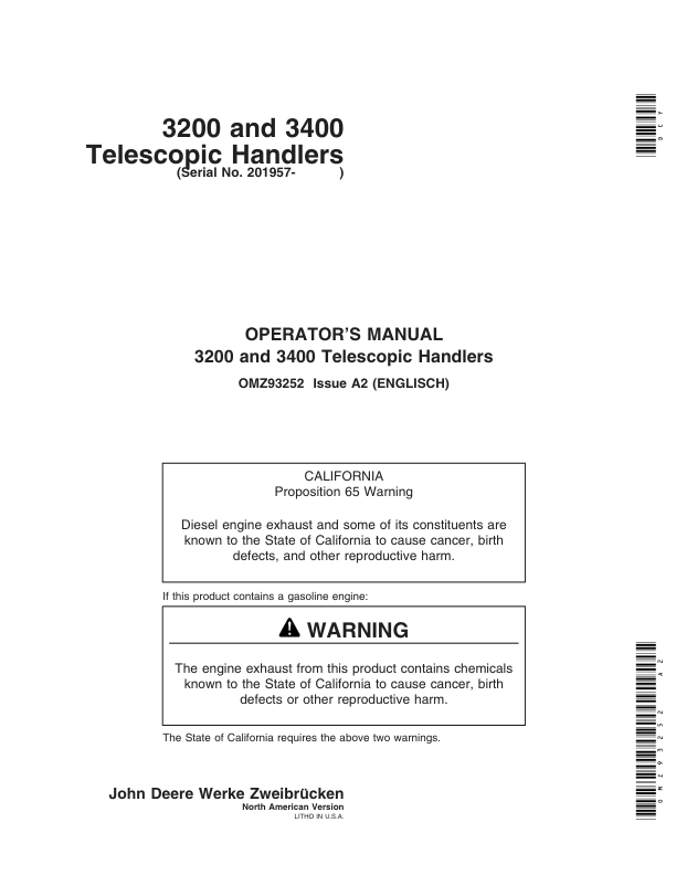 John Deere 3200 & 3400 Telescopic Handlers Operator's Manual (OMZ93252)