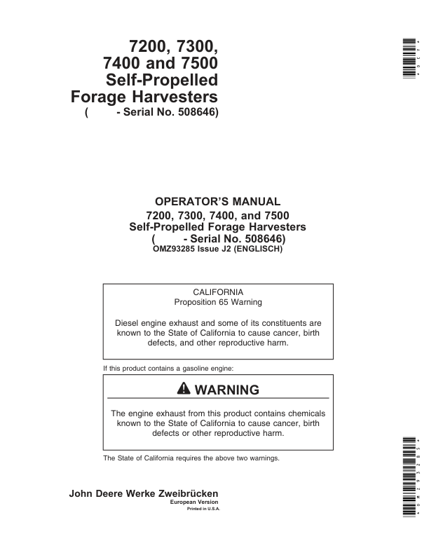 John Deere 7200, 7300, 7400 & 7500 Self Propelled Forage Harvesters Operator's Manual (OMZ93285)