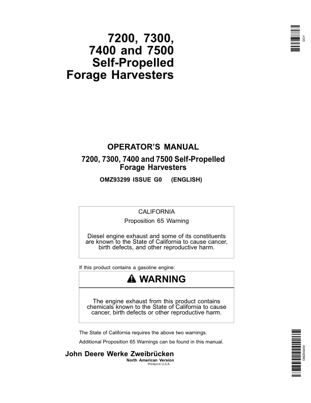 John Deere 7200, 7300, 7400 & 7500 Self Propelled Forage Harvesters Operator's Manual (OMZ93299)