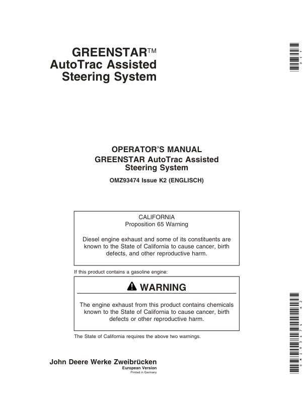 John Deere Greenstar AutoTrac Assisted Steering System European Edition Operator's Manual (OMZ93474)