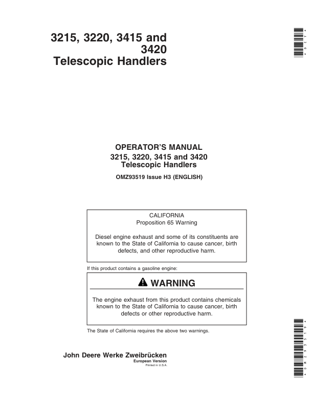 John Deere 3215, 3220, 3415 & 3420 Telescopic Handlers Operator's Manual (OMZ93519)