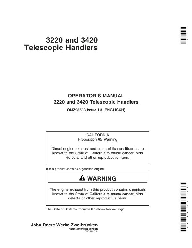 John Deere 3220 & 3420 Telescopic Handlers Operator's Manual (OMZ93533)