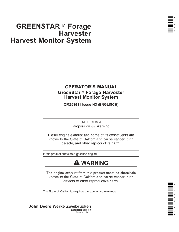 John Deere GreenStar Forage Harvester Harvest Monitor Systems Operator's Manual (OMZ93581)
