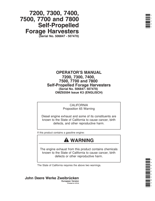John Deere 7200, 7300, 7400, 7500, 7700 & 7800 Self-Propelled Forage Harvesters Operator's Manual (OMZ93594)