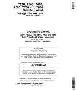 John Deere 7200, 7300, 7400, 7500, 7700 & 7800 Self-Propelled Forage Harvesters Operator's Manual (OMZ93609)