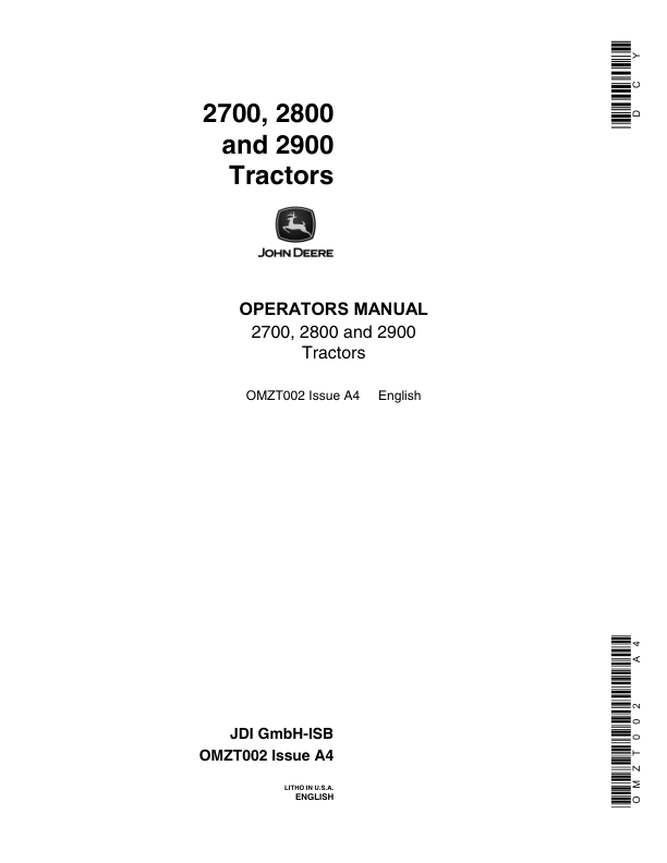 John Deere 2700, 2800 & 2900 Tractors Operator's Manual (OMZT002)