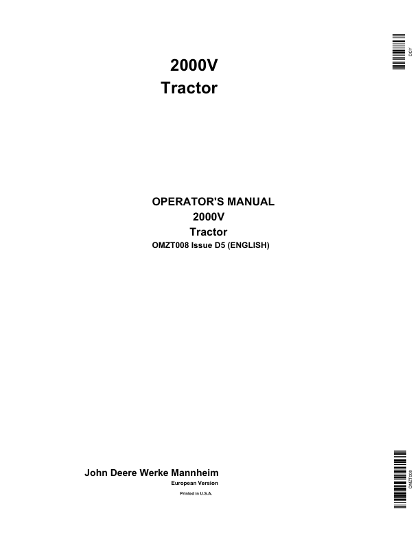 John Deere 2000V Tractor Operator's Manual (OMZT008)