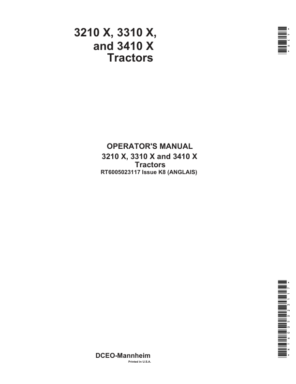 John Deere 3210X, 3310X & 3410X Tractors Operator's Manual (RT6005023117)