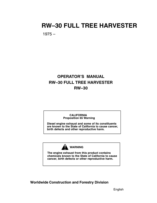 John Deere RW30 Harvester Operator's Manuals (RW30001)