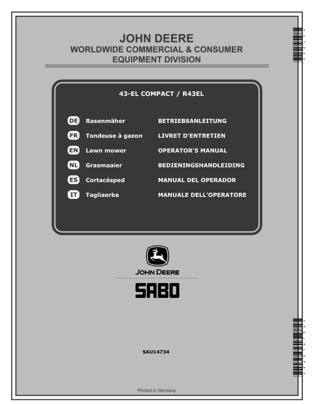 John Deere 43-EL (SA1457) COMPACT and R43EL (SA1431) Lawn Mowers (MY2015-MY2020) Operator's Manual (SAU14734)