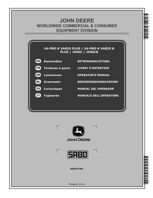 John Deere 54-PRO K VARIO PLUS, 54-PRO K VARIO B PLUS, JX90C, JX90CB Lawn Mowers Operator's Manual (SAU14744)
