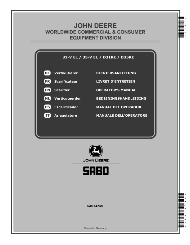 John Deere 31-V EL (SA725), 35-V EL (SA726), D31RE (SA351), D35RE (SA360) Scarifiers Operator's Manual (SAU14748)