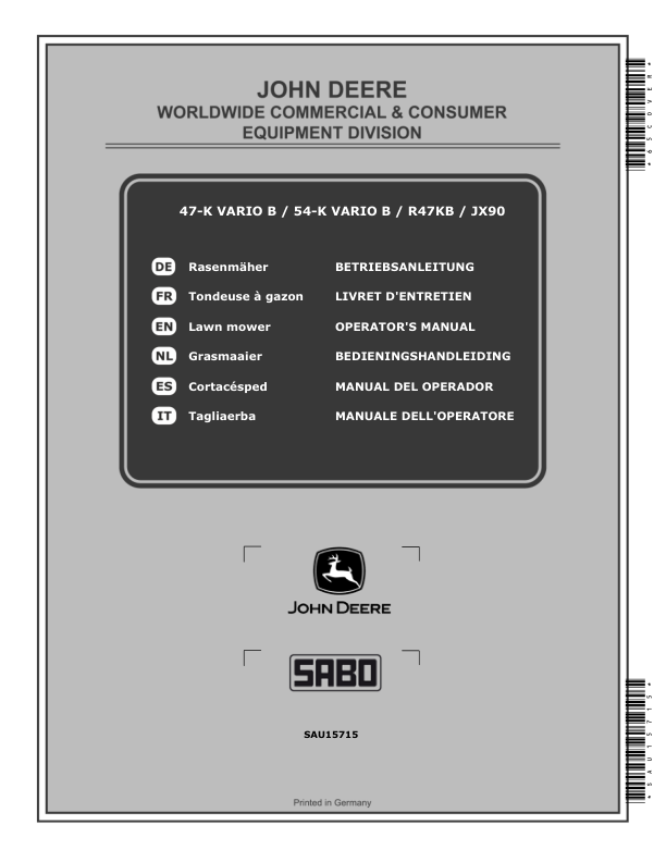 John Deere 47-K VARIO B, 54-K VARIO B, R47KB, JX90 Lawn Mowers Operator's Manual (SAU15715)