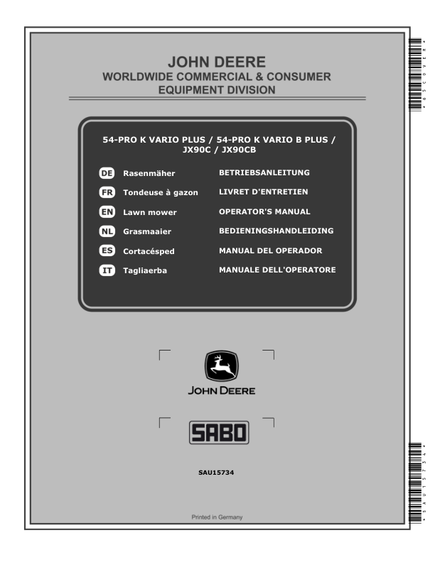 John Deere 54-PRO K VARIO PLUS, 54-PRO K VARIO B PLUS, JX90C, JX90CB Lawn Mowers Operator's Manual (SAU15734)