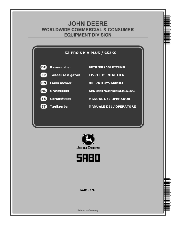 John Deere 52-PRO S K A PLUS (SA1611/SA1615/SA1811/SA1815) and C52KS (SA1611/SA1615/SA1811/SA1815) Lawn Mowers Operator's Manual (SAU15776)