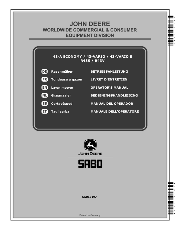 John Deere 43-VARIO, 43-VARIO E, 43-A ECONOMY, R43V, R43S Lawn Mowers (2018-2019) Operator's Manual (SAU16197)