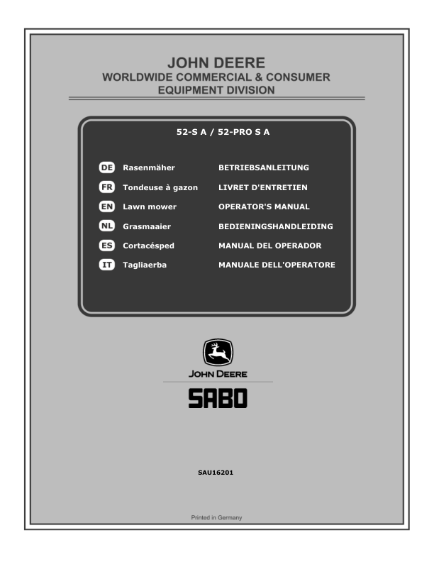 John Deere 52-S A and 52-PRO S A Lawn Mowers Operator's Manual (SAU16201)