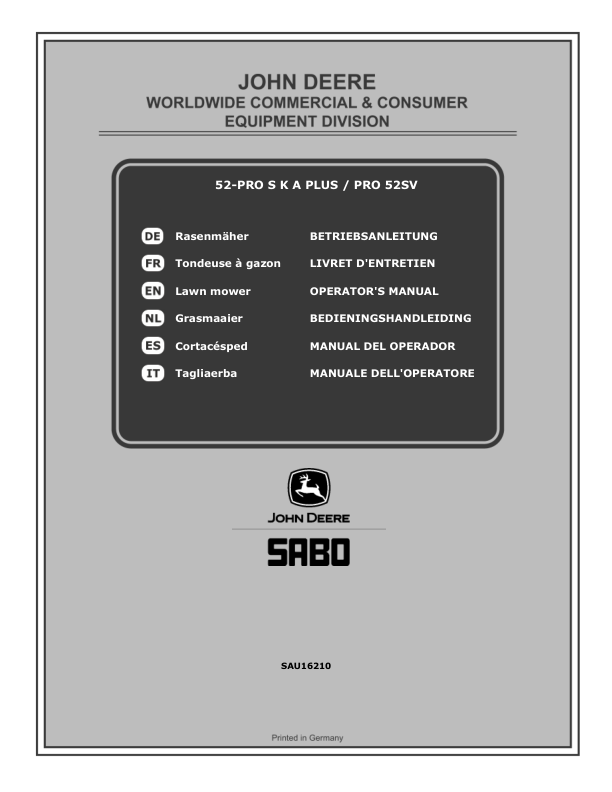 John Deere 52-PRO S K A PLUS (SA312120), PRO 52SV (SA317120) Lawn Mowers (MY2019-MY2020) Operator's Manual (SAU16210)