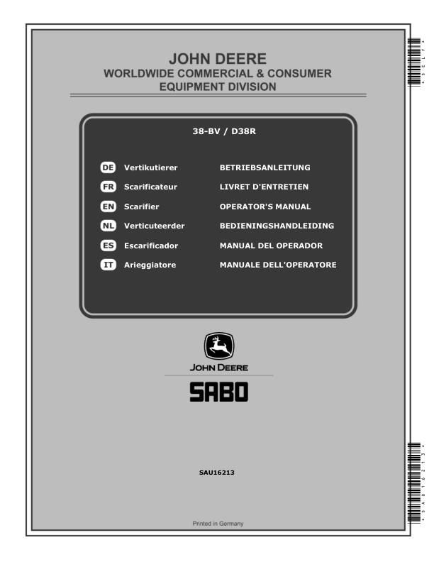 John Deere 38-BV (SA230820) & D38R (SA235820) Scarifiers Operator's Manual (SAU16213)