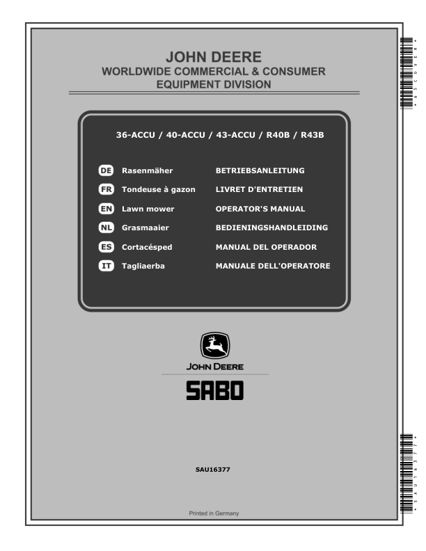 John Deere 36-ACCU, 40-ACCU, 43-ACCU, R40B, R43B Lawn Mowers (2018-2019) Operator's Manual (SAU16377)