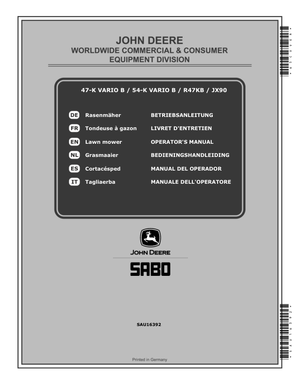 John Deere 47-K VARIO B (SA1878), 54-K VARIO B (SA1837), R47KB (SA1888), and JX90 (SA1897) Lawn Mowers Operator's Manual (SAU16392)