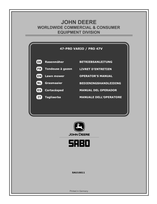 John Deere 47-PRO VARIO (SA321520) / PRO 47V (SA326520) Lawn Mowers (MY2019-MY2020) Operator's Manual (SAU16611)